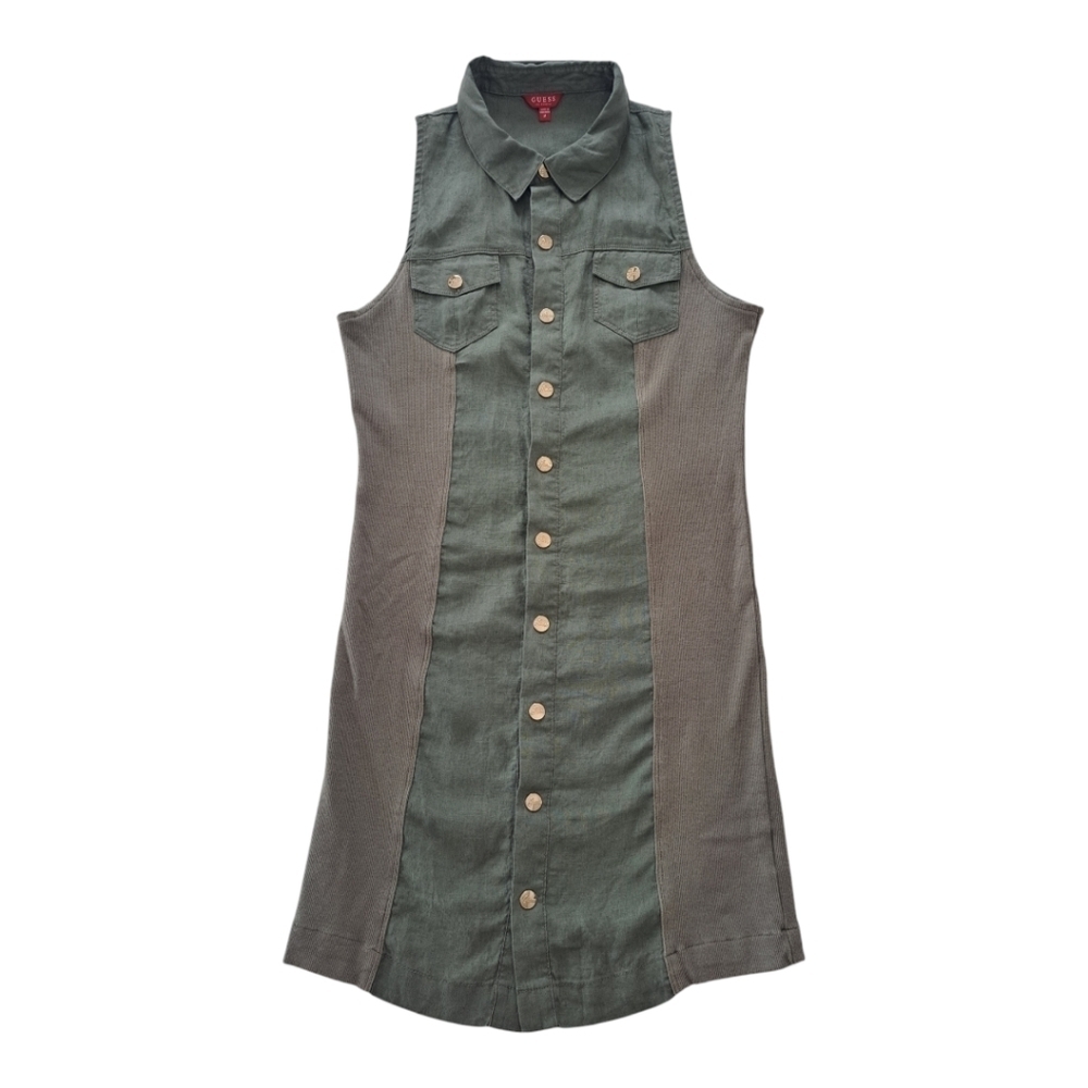 GUESS linen khaki sleeveless mini dress snap closure tunic - Picture 2 of 13